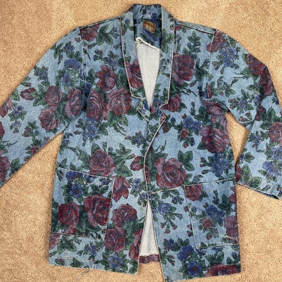 Jou Jou Jackets & Blazers - JOUJOU Blazer Womens S Blue Denim Floral Vintage 80s Oversized Boxy Long Jacket